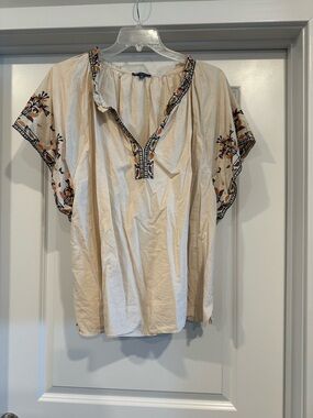 Democracy Cream Embroidered Peasant Top with Floral Accents
